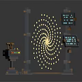 Futuristic Tech Structure With Tall Towers Blue Displays Yellow Spiral Lights And Control Panel