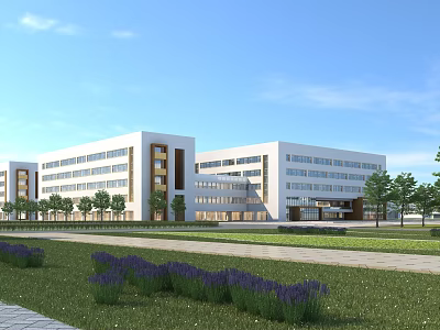 Modern school buildings with spacious green lawn multiple trees and purple flowers under blue sky 3d model