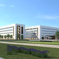 Modern school buildings with spacious green lawn multiple trees and purple flowers under blue sky