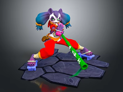 Game Movie Character With Purple Hair Twin Tails Red Pants Green Staff And Stone Slab Base 3d model
