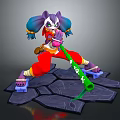 Game Movie Character With Purple Hair Twin Tails Red Pants Green Staff And Stone Slab Base