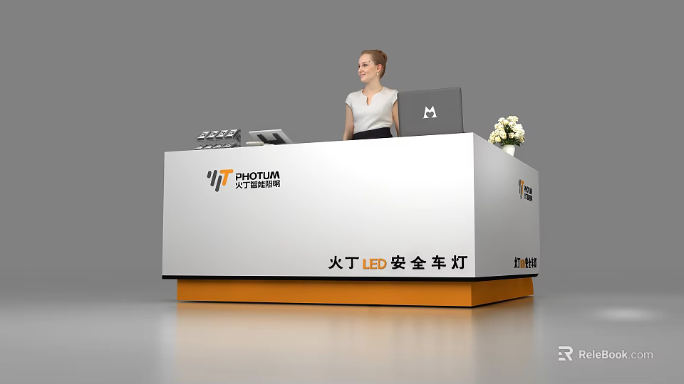 Modern Reception Desk With White Surface Orange Base Logo And Receptionist 3d model