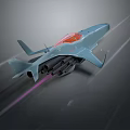 Blue Spacecraft With Red Cockpit Flying At High Speed Through Space With Purple Propulsion Trail