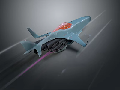 Blue Spacecraft With Red Cockpit Flying At High Speed Through Space With Purple Propulsion Trail 3d model