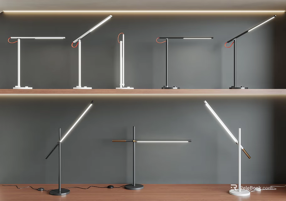 Modern Desk Lamps With Adjustable Arms And Sleek Metal Bases On Display Shelves 3d model 