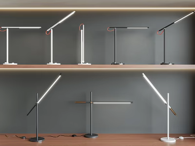 Modern Desk Lamps With Adjustable Arms And Sleek Metal Bases On Display Shelves 3d model
