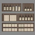 Neatly Arranged Wooden Shelves With Glass Bottles And Decorative Boxes