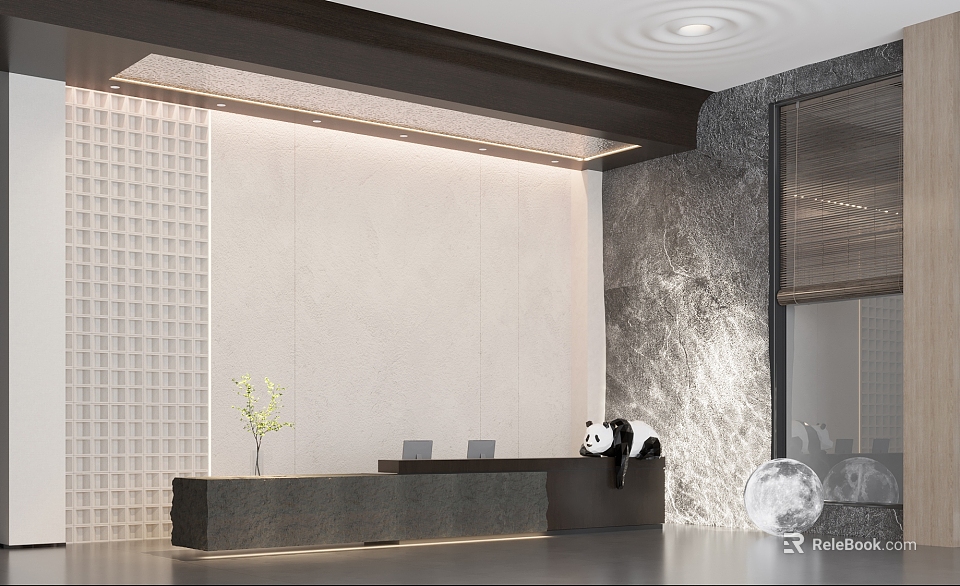Modern Reception Desk Interior With Small Panda Decoration Textured Backdrop And Warm Lighting 3d model 