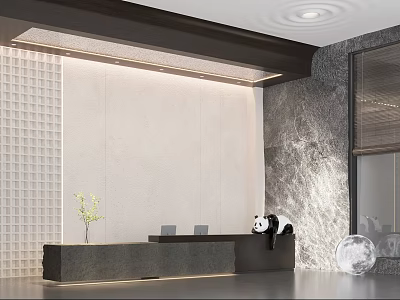 Modern Reception Desk Interior With Small Panda Decoration Textured Backdrop And Warm Lighting 3d model