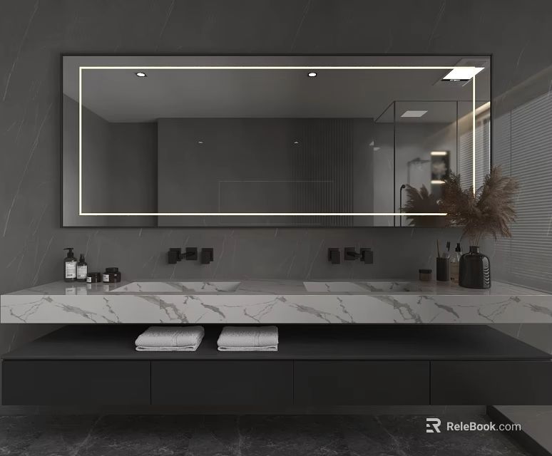 Modern Bathroom Vanity with Marble Countertop Double Sinks Large Illuminated Mirror and Black Cabinets 3d model 