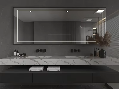 Modern Bathroom Vanity with Marble Countertop Double Sinks Large Illuminated Mirror and Black Cabinets 3d model