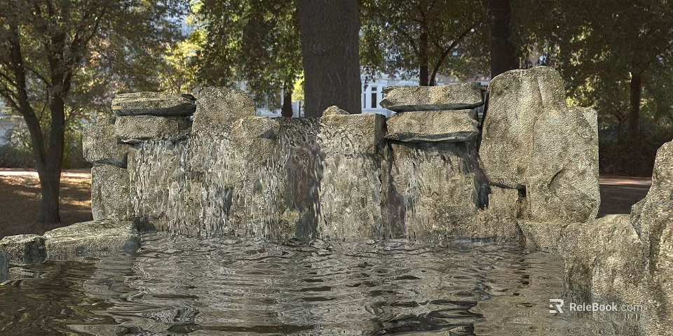 Garden Ornament Natural Stone Waterfall Design with Flowing Water and Lush Trees in Background 3d model 