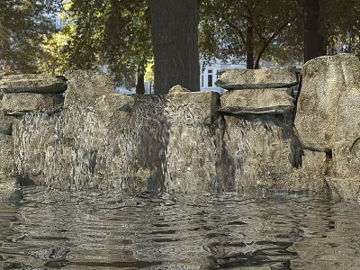 Garden Ornament Natural Stone Waterfall Design with Flowing Water and Lush Trees in Background 3d model