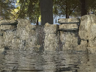 Garden Ornament Natural Stone Waterfall Design with Flowing Water and Lush Trees in Background 3d model