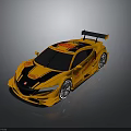 Yellow Modified Race Car With Black Stripes Rear Spoiler And Decals