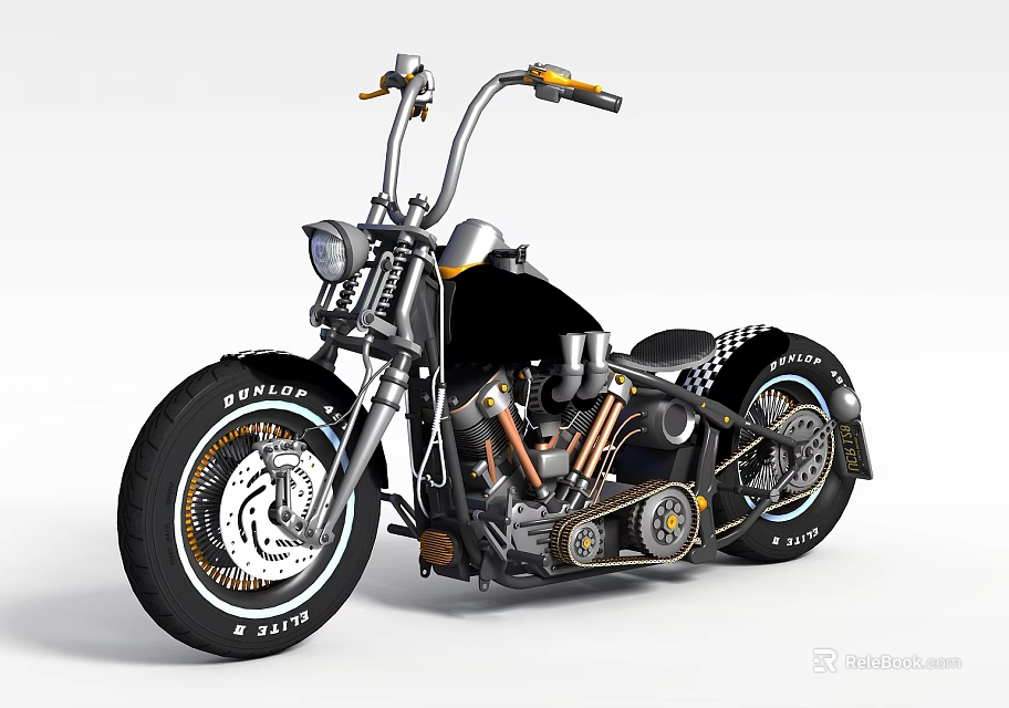 Vintage Custom Motorcycle With Black Body Chrome Handlebars Engine Parts And Spoke Wheels 3d model 