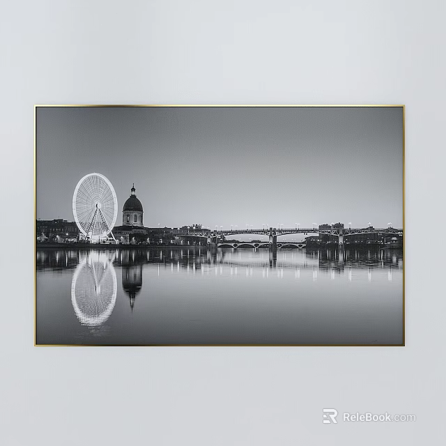 Scenic Black and White Landscape With Ferris Wheel Dome Building Bridge and Water Reflection 3d model 