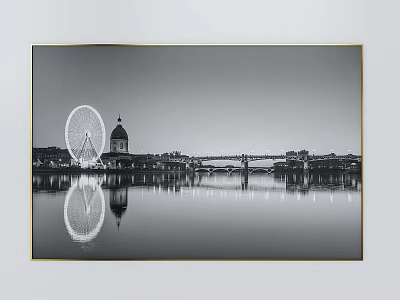 Scenic Black and White Landscape With Ferris Wheel Dome Building Bridge and Water Reflection 3d model