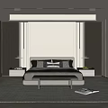 Modern Minimalist Bedroom Interior With Bed Headboard Nightstands Ceiling Lights And Soft Carpet