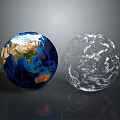 Blue Earth Globe And Transparent Crystal Sphere With Land Ocean Details On Dark Reflective Background