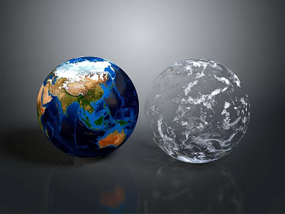 Blue Earth Globe And Transparent Crystal Sphere With Land Ocean Details On Dark Reflective Background 3d model