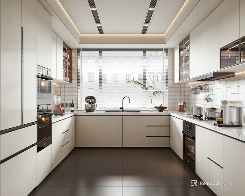 Modern Kitchen Interior Design With White Cabinets Dark Flooring Window And Appliances 3d model 