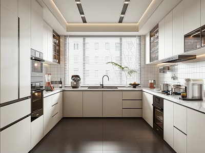Modern Kitchen Interior Design With White Cabinets Dark Flooring Window And Appliances 3d model