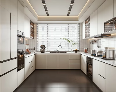 Modern Kitchen Interior Design With White Cabinets Dark Flooring Window And Appliances 3d model