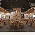 Traditional Chinese Restaurant Interior With Wooden Tables Lamps And Decorative Panels