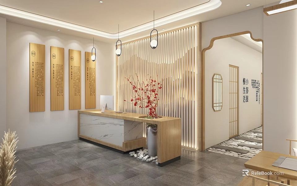 Shop Front Desk with Marble Countertop Wooden Screen and Hanging Pendant Lights 3d model 