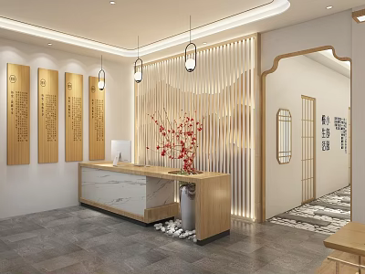 Shop Front Desk with Marble Countertop Wooden Screen and Hanging Pendant Lights 3d model