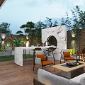 Garden Landscape Featuring Outdoor Seating Marble Wall Wooden Flooring And Green Plants