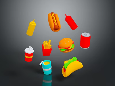 Various Fast Food Selection With Burger Hotdog Fries Taco Drinks And Condiments 3d model