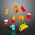 Various Fast Food Selection With Burger Hotdog Fries Taco Drinks And Condiments