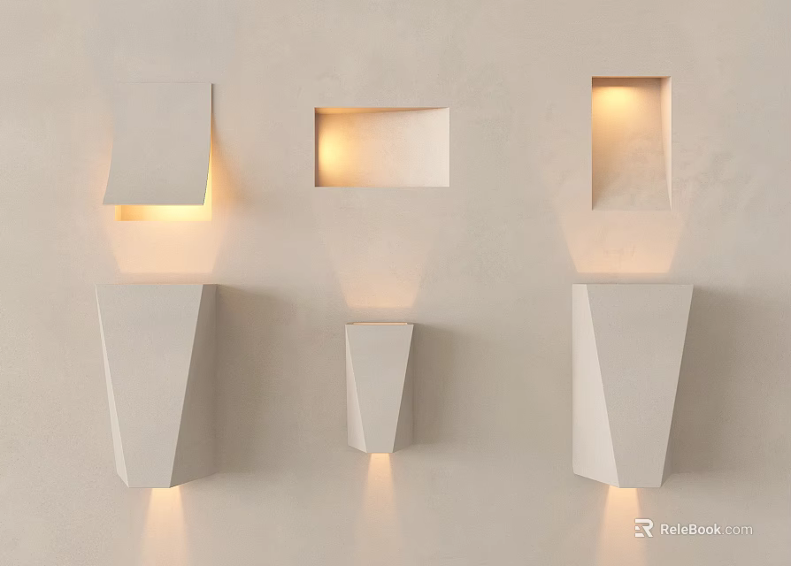 White Wall Lamps With Various Geometric Shapes On Light Colored Wall And Lighting Effects 3d model 