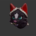 Cartoon Black Cat Head Wearing Red Santa Hat With White Pompom Trim Blue Eyes Pink Nose