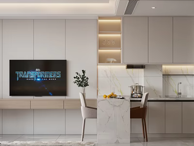 Modern Apartment Interior With Kitchen Marble Island Cabinets And TV 3d model