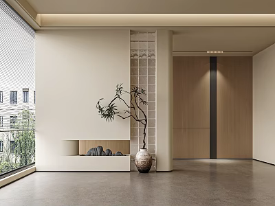 Minimalist Foyer Hallway With Large Window And Plant 3d model