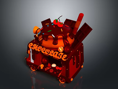 Chocolate Dessert With Dripping Chocolate Sauce Cherry And Decorative Chocolate Bars 3d model