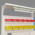 Functional Workbench With Wooden Countertop Blue Cabinets Drawers Upper Pegboard Shelving And Yellow Bins