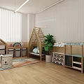 Bright Kindergarten Classroom Interior With Wooden Tables Chairs Play Tent Green Plants And Storage Cabinets