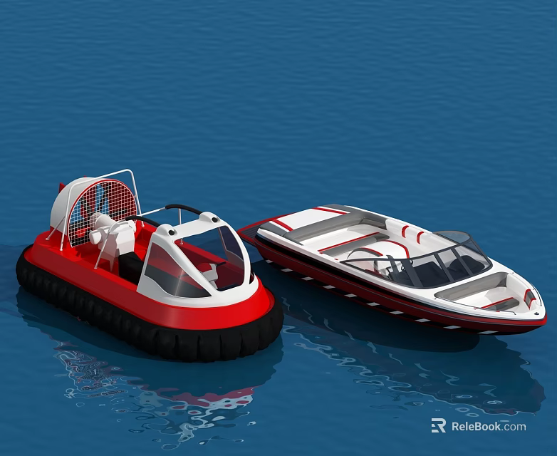 Red Hovercraft And White Red Motorboat Floating On Blue Water Surface 3d model 