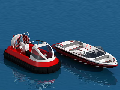 Red Hovercraft And White Red Motorboat Floating On Blue Water Surface 3d model