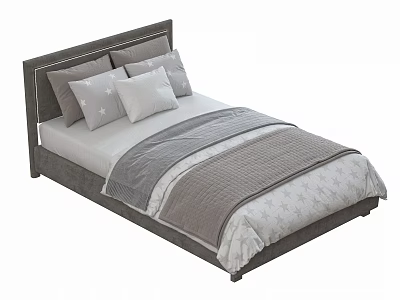 Modern Single Bed With Gray Upholstered Headboard Star Patterned Quilt And Pillows 3d model