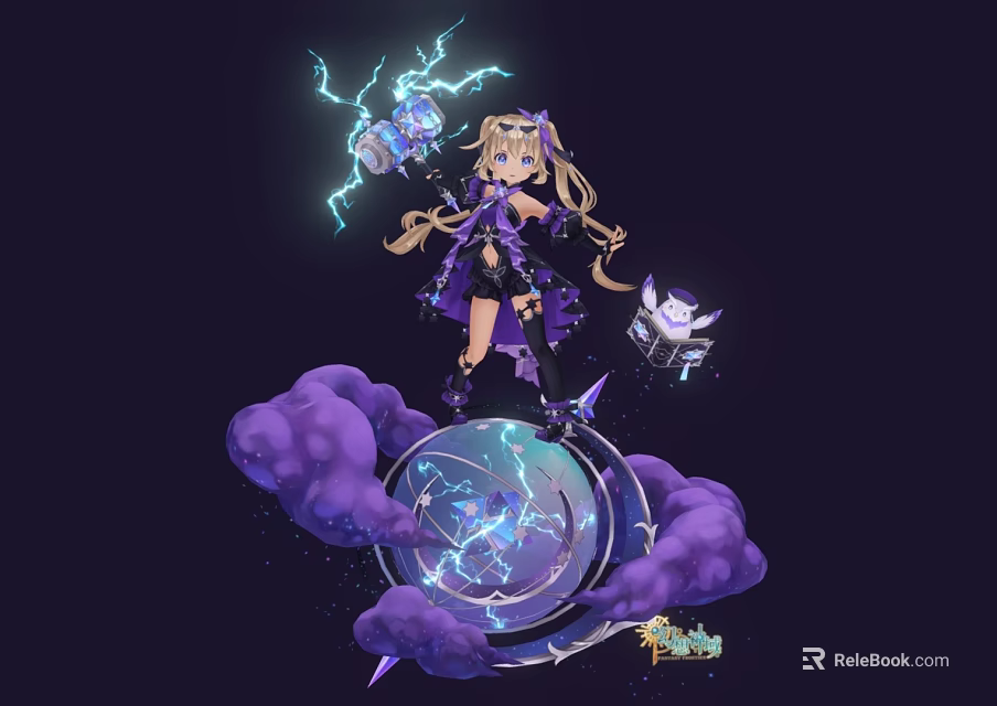 Anime Game Character With Lightning Hammer Standing On Purple Clouds And Glowing Device Cat Companion 3d model 