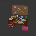Brown Home Office Desk With Bulletin Board Notes Lamp Drawers And Orange Box