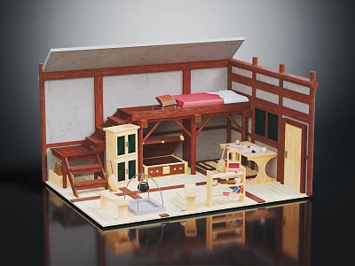 Miniature Bedroom Interior With Wooden Bunk Bed Desk Stairs And Window Frame 3d model