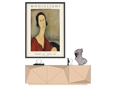 Modigliani Female Portrait Painting With Red Dress On Geometric Console Table And Decorative Items 3d model