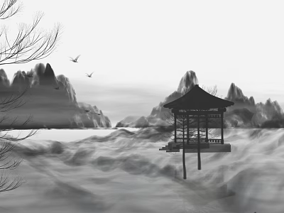 Cartoon Ink Wash Scenic View With Water Pavilion Distant Mountains Flying Birds And Tree Branches 3d model