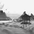 Cartoon Ink Wash Scenic View With Water Pavilion Distant Mountains Flying Birds And Tree Branches